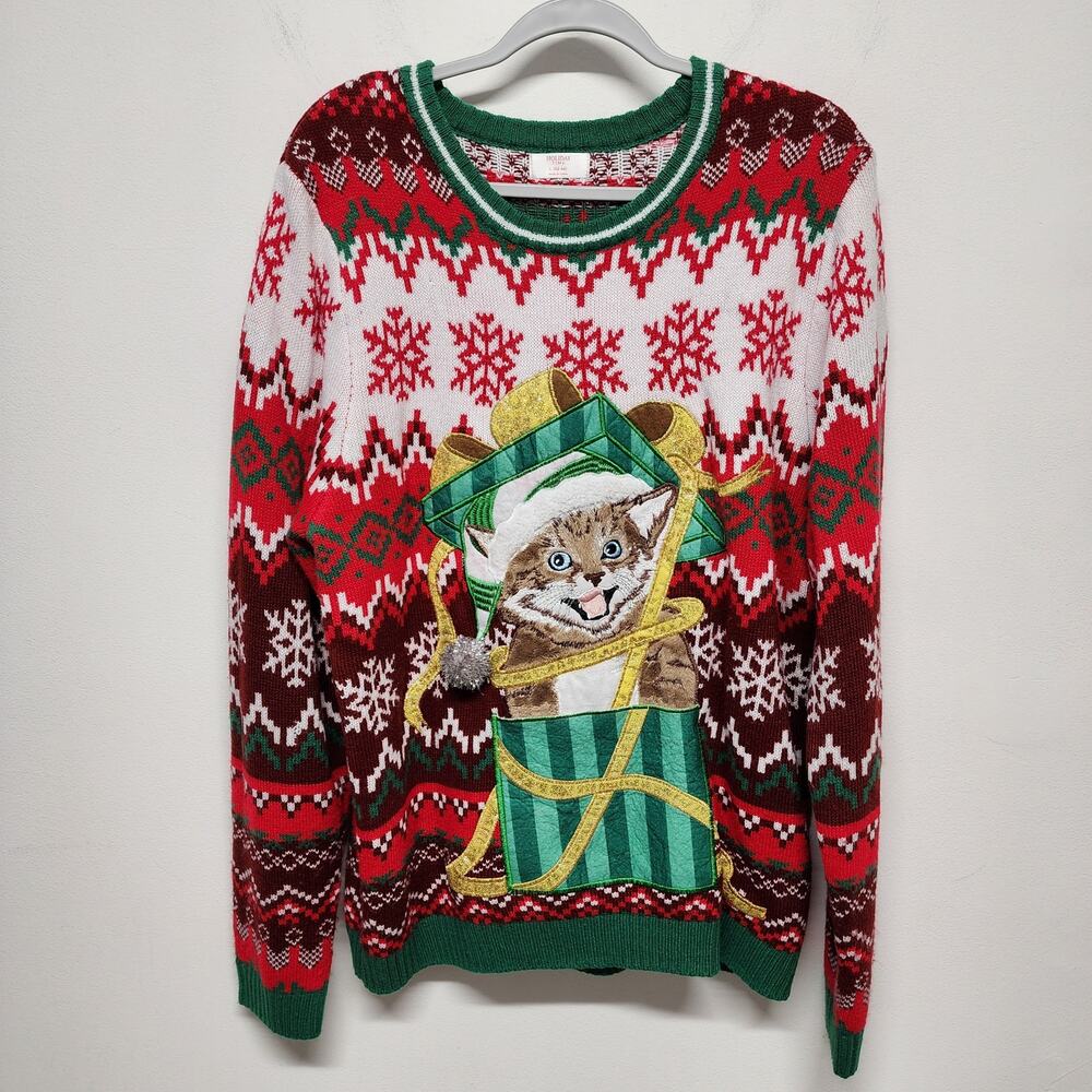 Ugly Christmas Sweater Mens L Cat Drink Pocket Argyle Snowflake Holiday Time